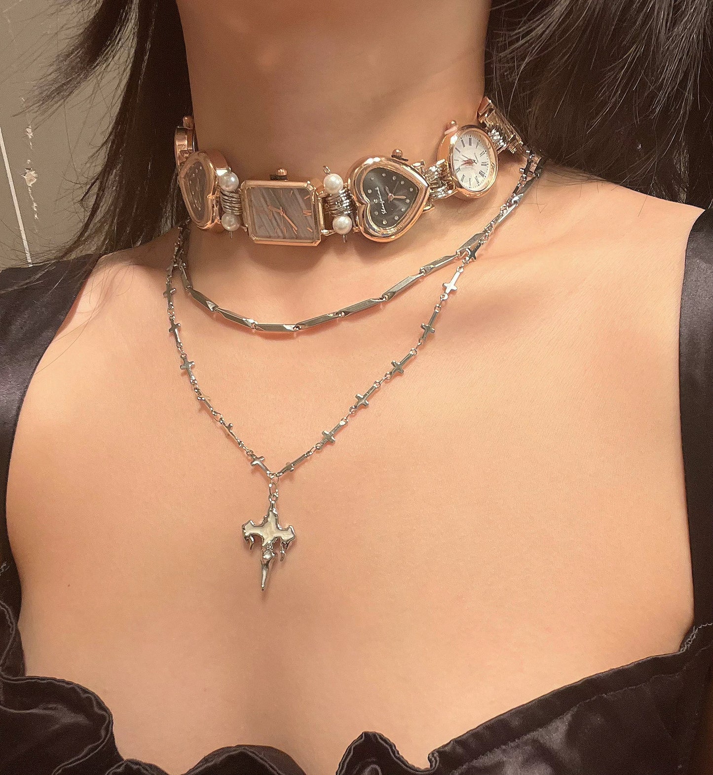 Cyberpunk Retro Multicolor Watch Choker Necklace, Cross Layered Necklace,7 Clocks Choker, Y2K Necklace, perfect unique handmade Unisex gift