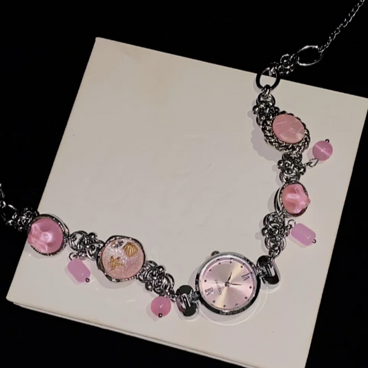 Cyberpunk Retro Pink Watch Choker Necklace, Silver Watch Pendant Choker, Y2K Choker, Stylish and Cool