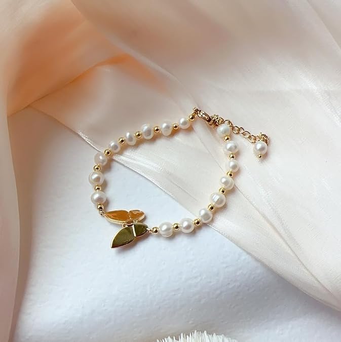 Textured Pearl Butterfly Bracelet with Moonlight Charms, White, Versatile Daily Accessory