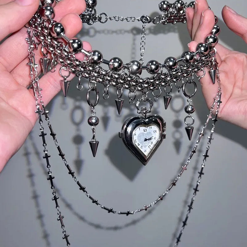 Y2K Punk Heavy duty Heart Watch Pendant Necklace Multilayer Layered Choker Long Chain Pendant Necklace for Women Jewelry
