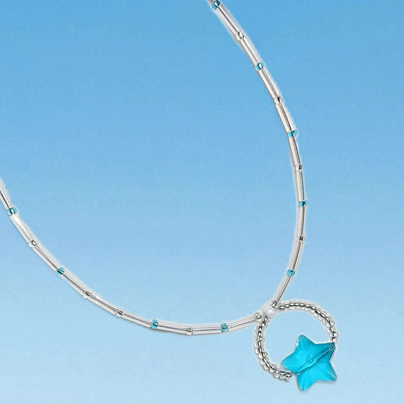 Y2K Necklace with Blue Star Pendant,ins style Exquisite Choker,Summer beads Necklaae candy color for women