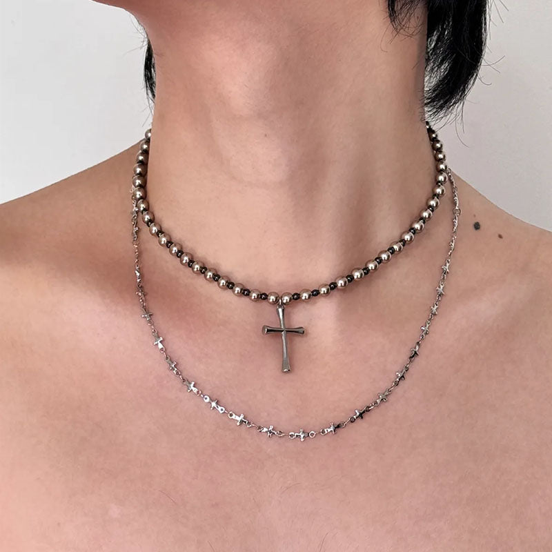 Gothic Double Layered Cross Necklace,  Alloy Black Bead Cross Choker Necklace, Halloween Goth Jewelry Gift for Women