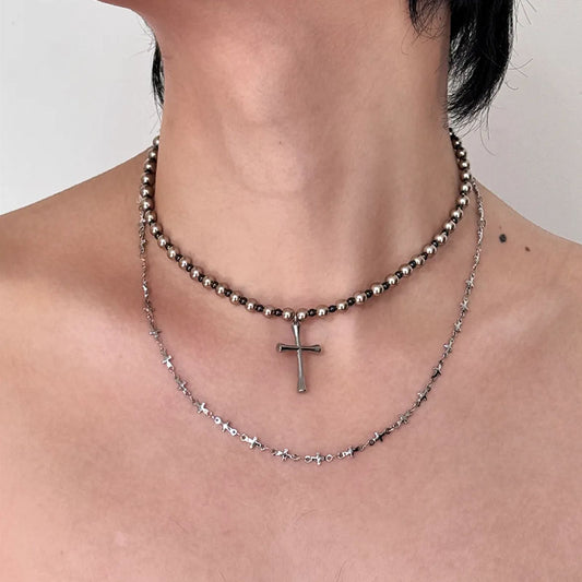 Gothic Double Layered Cross Necklace,  Alloy Black Bead Cross Choker Necklace, Halloween Goth Jewelry Gift for Women