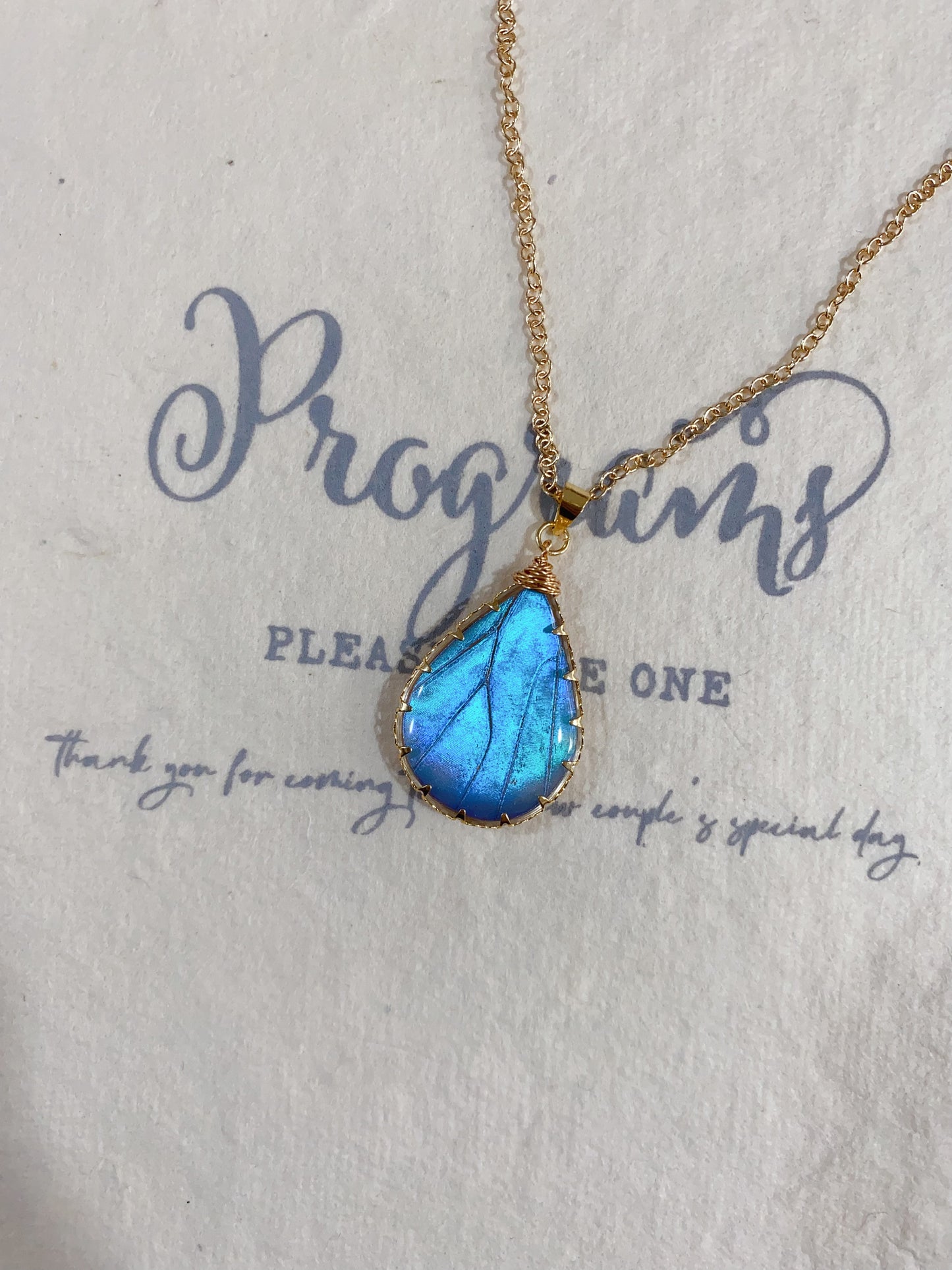 Handcrafted Sapphire Butterfly Wing Pendant,  Blue Waterdrop Choker Necklace