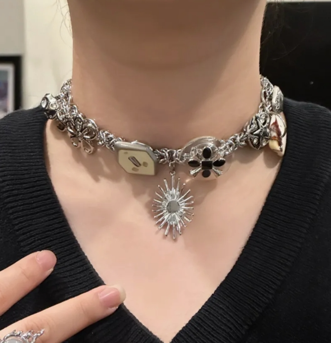 Cyber Punk Vintage Chunky Metal Chain Necklace,Silver Star Pendant Choker, Trendy Jewelry, Y2KAccessories, Perfect Unique Handmade Gift