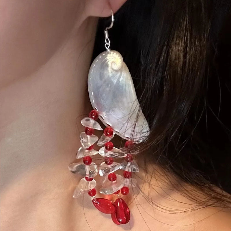 Natural Seashell Earrings, Boho Style Beach Earrings,Ocean Pearl Shell Earrings,Crystal glass bead, Dangling Earrings for Women blue/red