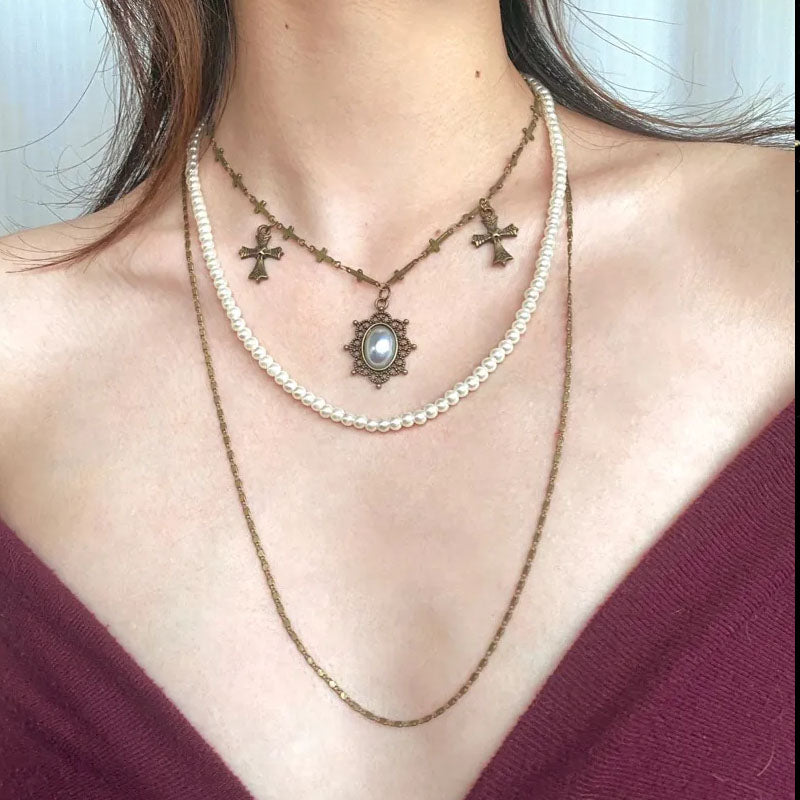 Vintage Cross Multi-Layered Necklace Chain,court style Pearl Necklaces,heavy industry necklaces,removable Jewelry for Women