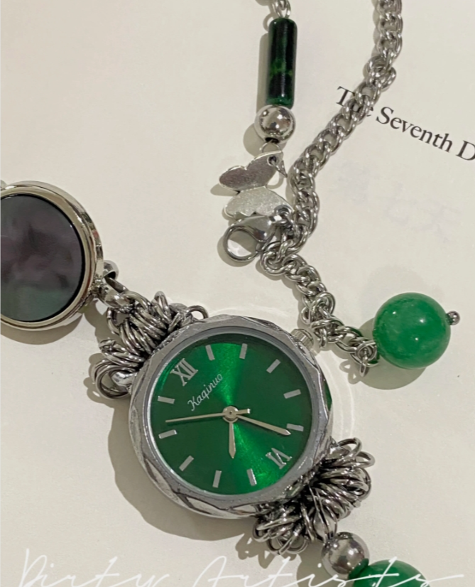 Cyber Punk Vintage Chunky Metal Chain Bead Necklace,Silver and Green Watch Pendant Choker, Trendy Jewelry, Y2KAccessories, Perfect Unique Handmade Gift