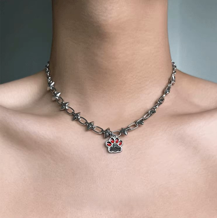 Adorable Chunky Niche Silver Copper Punk Cat Paw Pendant Necklace Choker Chain for Women