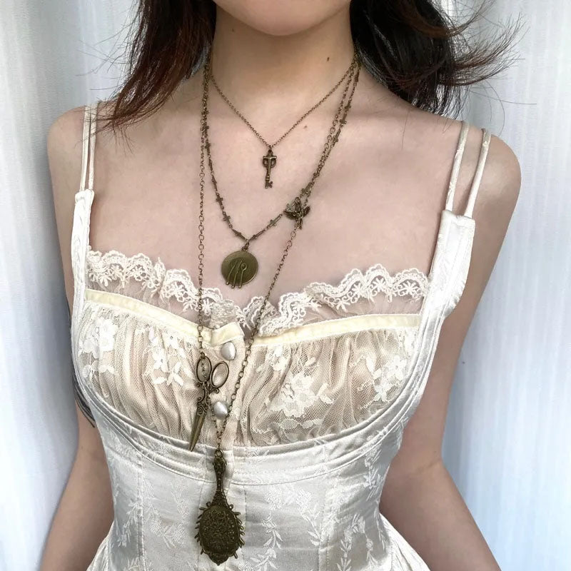 Multi 3 Layers Necklace, Vintage Choker Chain,Mirror Pendant,Multi element retro copper necklace,classical Jewelry for Women