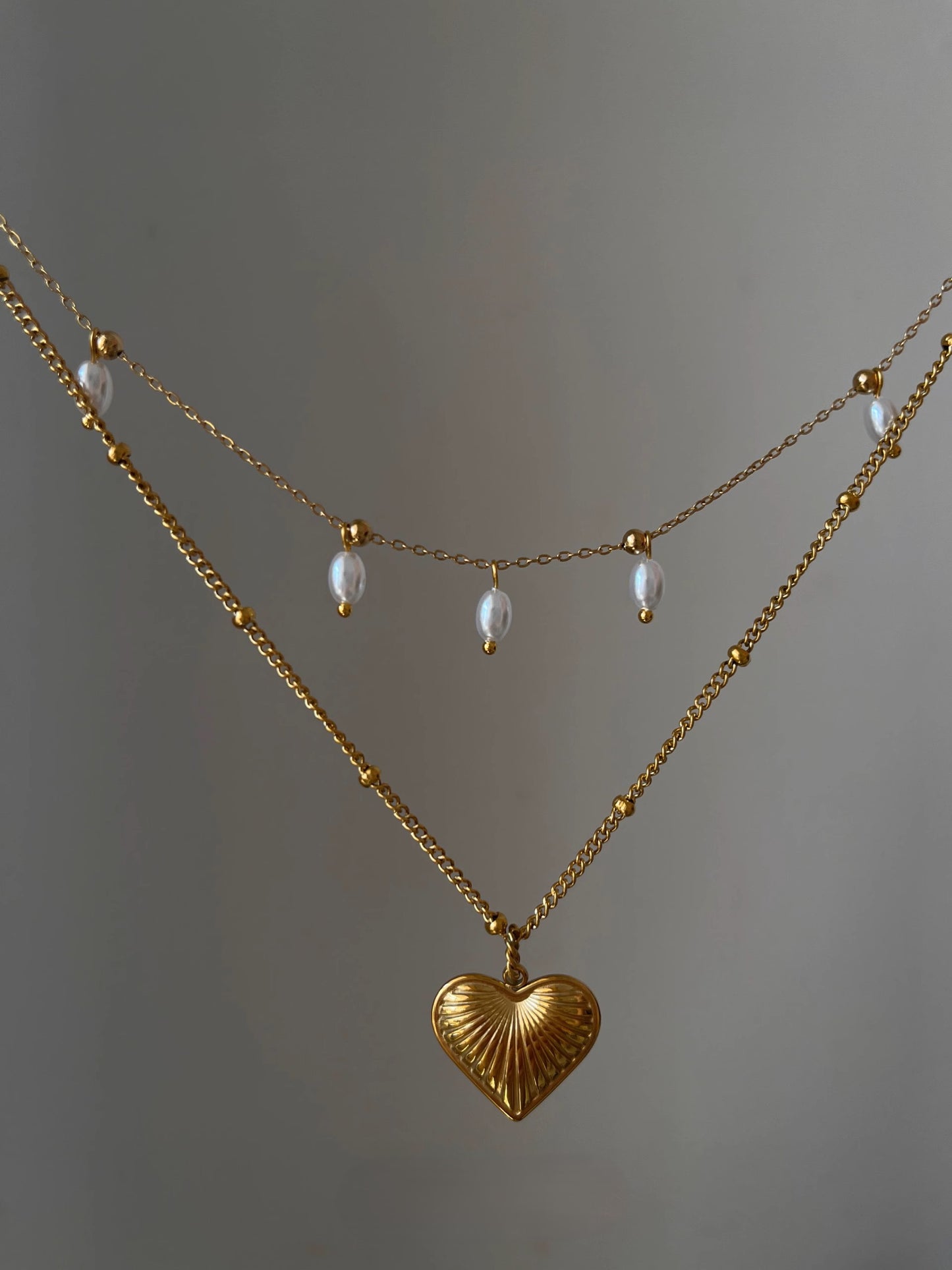Vintage French Chic Delicate Pearl Heart-shaped Titanium Steel Layered Necklace