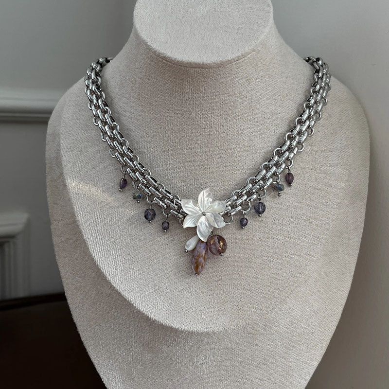 Vintage Flower Pendant Chunky Chain Necklace,Punk Retro Beads Choker Necklace, Y2K Adjustable Trendy Jewelry,Gift for Woman