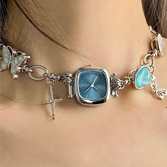 Vintage Chunky Metal Chain Necklace Blue Watch Pendant Choker, Fashion Punk Jewelry, Y2KAccessories, Perfect Unique Handmade Gift