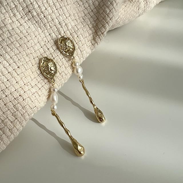 Freshwater Pearl Drop Earrings, Gold Plated Settings, Long Drop Design for Women