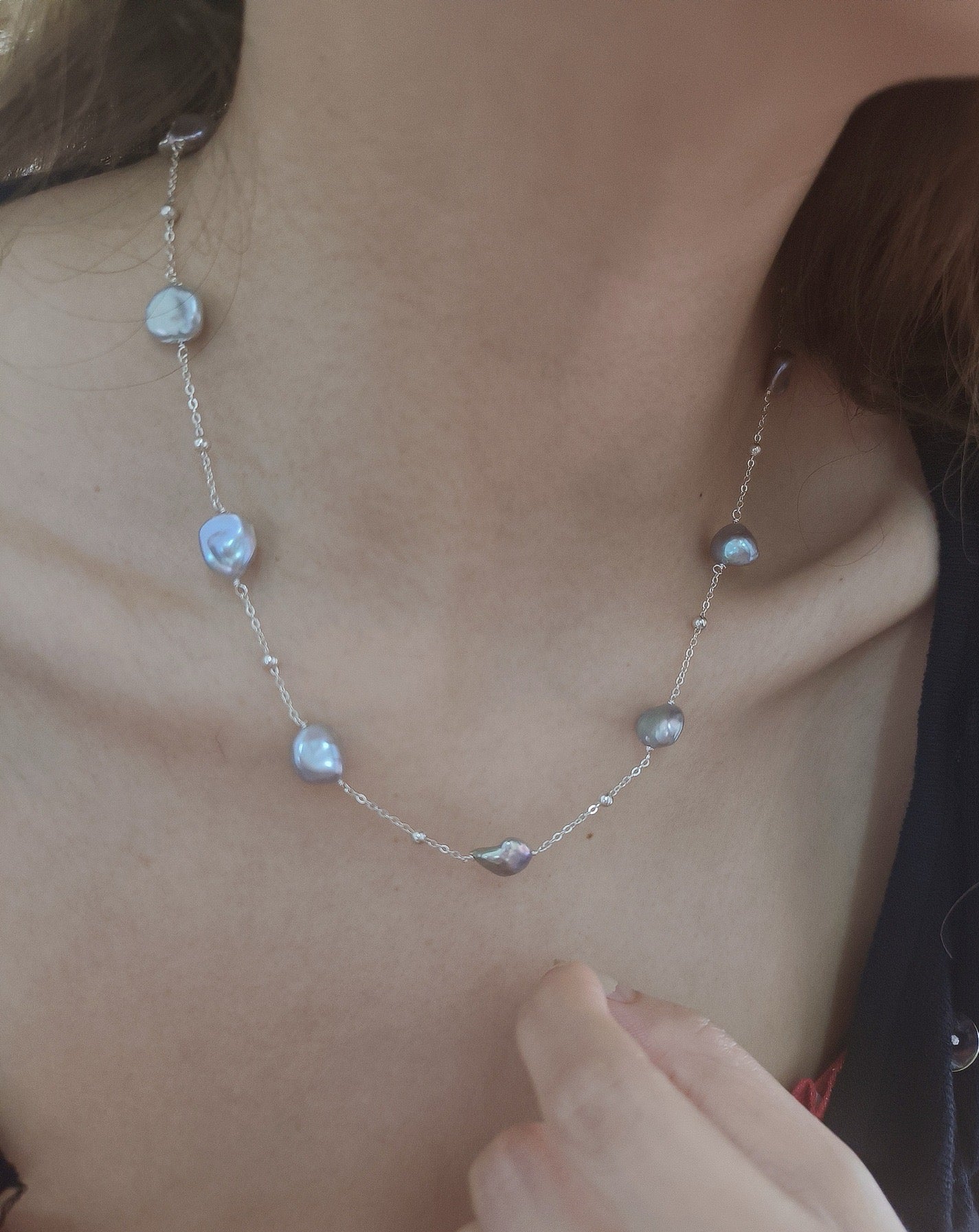 Handcrafted  Blue-Grey Freshwater Baroque Pearl Necklace in S925 silver,Genuine Freshwater Pearls,Collarbone chain, Sweater chain.