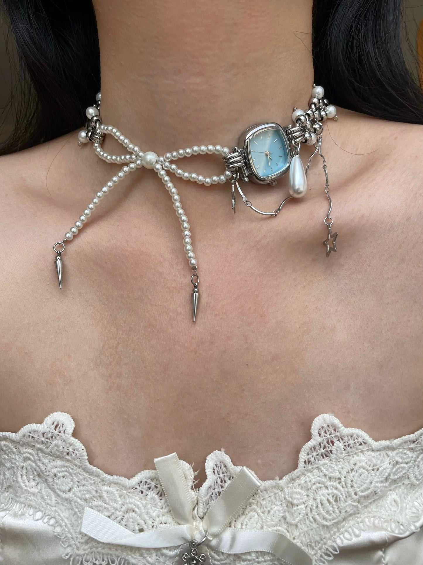 Vintage Elegant Pearl Watch Choker Necklace, Bow Pearl Necklace, Y2K Pearl BlueWatch Necklaces, Niche Punk, Perfect Unique Handmade Gift.