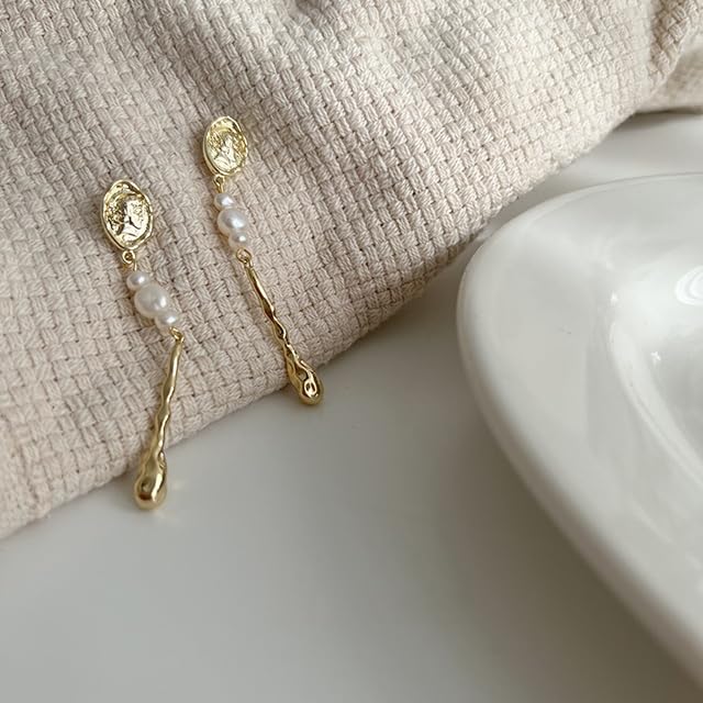 Freshwater Pearl Drop Earrings, Gold Plated Settings, Long Drop Design for Women