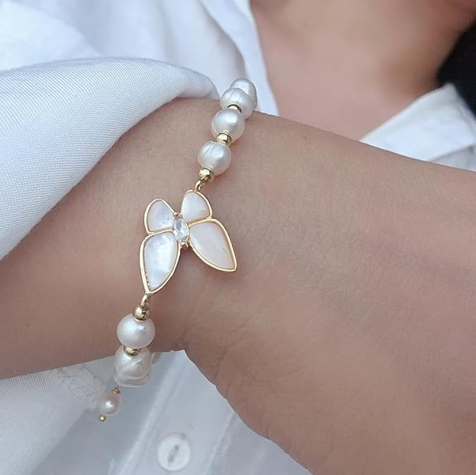 Textured Pearl Butterfly Bracelet with Moonlight Charms, White, Versatile Daily Accessory