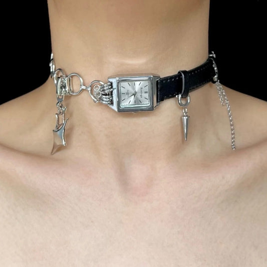Y2K Cyber Punk Watch Leather Choker Niche Chunky Gothic Necklace Chain for Women Men
