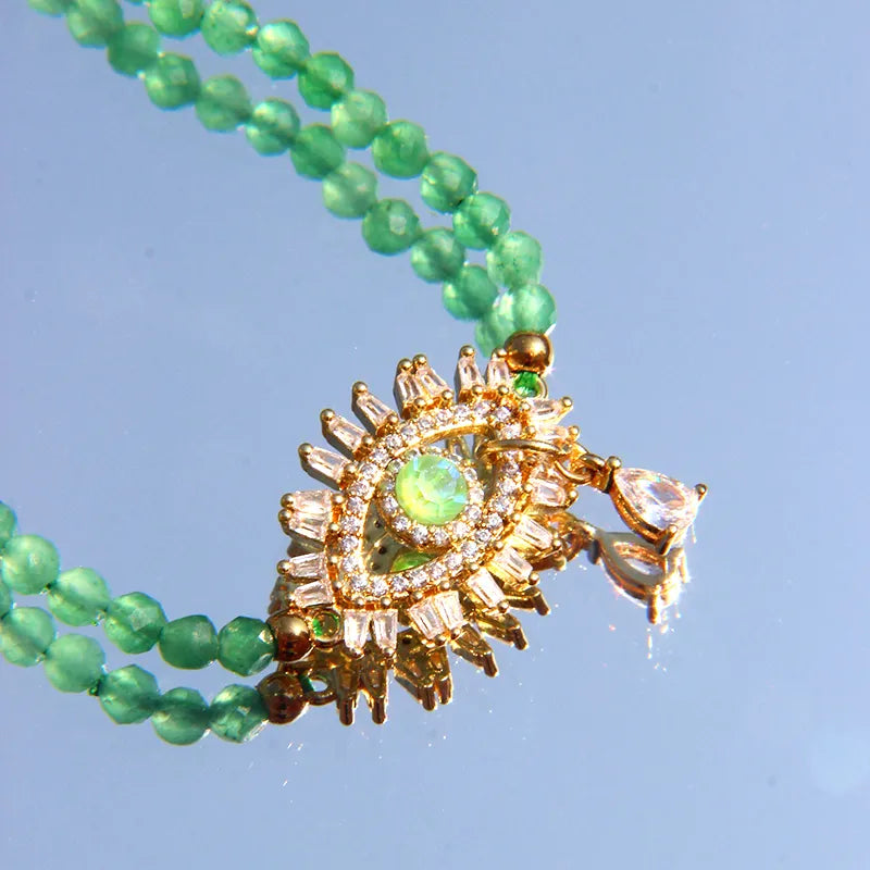 Handcrafted Green Jade Evil Eye Necklace – Iridescent Gemstone Pendant for Protection and Style