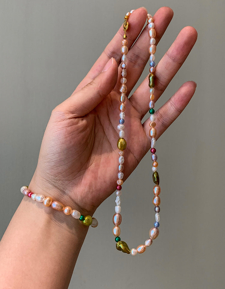 Fresh water pearl baroque Jewelry set with rainbow colors shaded ombre gradient style