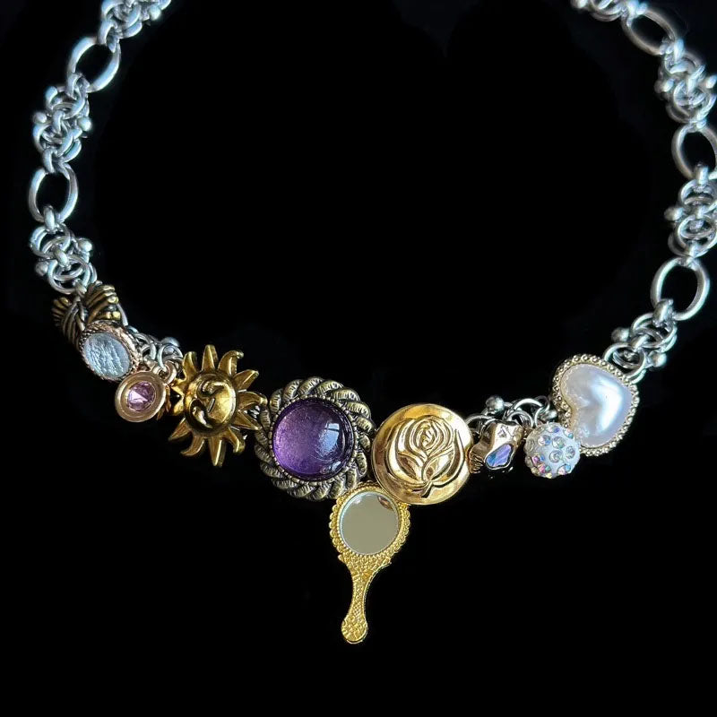 Punk Choker Heavy Industry Titanium Steel Necklace Gorgeous Purple Crystal Pendant for Women