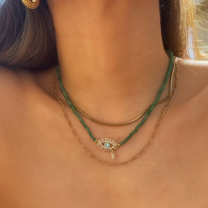 Handcrafted Green Jade Evil Eye Necklace – Iridescent Gemstone Pendant for Protection and Style
