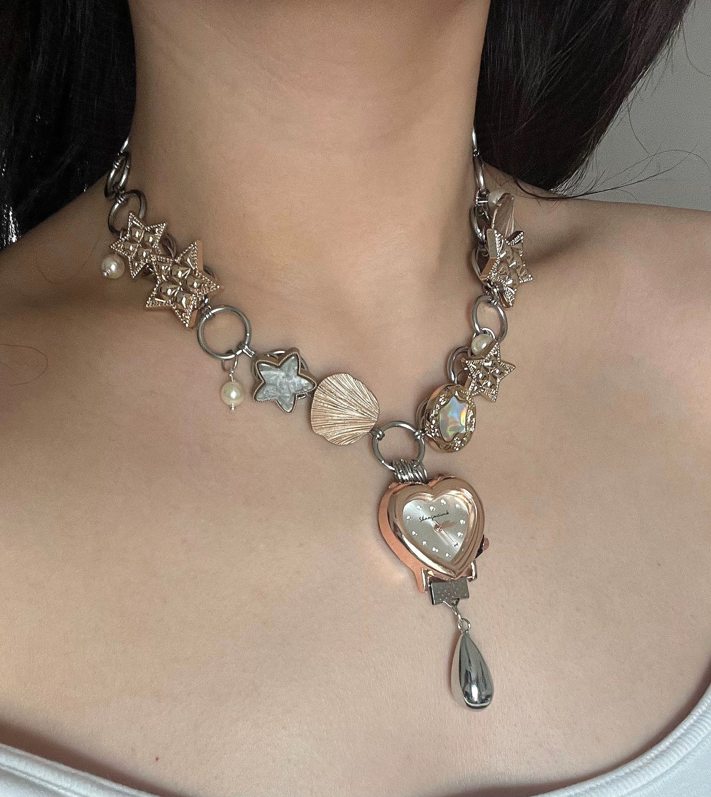 Cyber Punk Vintage watch choker, Original design chunky chain niche style, elegant and trendy Necklace