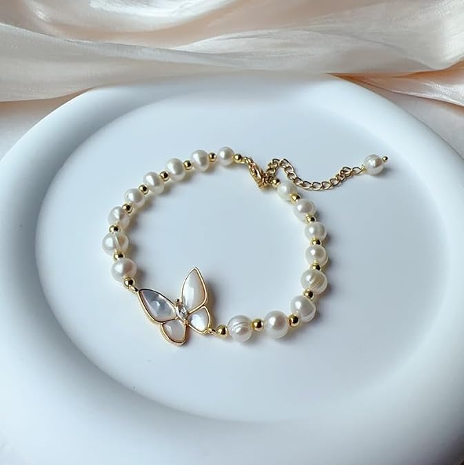 Textured Pearl Butterfly Bracelet with Moonlight Charms, White, Versatile Daily Accessory