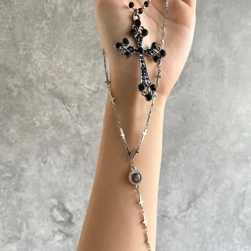 Y2k Cross double layered long necklace with cat's eyes and agate accents,Trendy Zircon Black Beads Necklace,Long Pendant Jewelry Necklaces,Cross Sexy Collarbone Multilayer Necklaces for Women