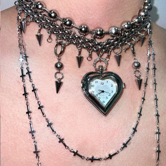 Y2K Punk Heavy duty Heart Watch Pendant Necklace Multilayer Layered Choker Long Chain Pendant Necklace for Women Jewelry