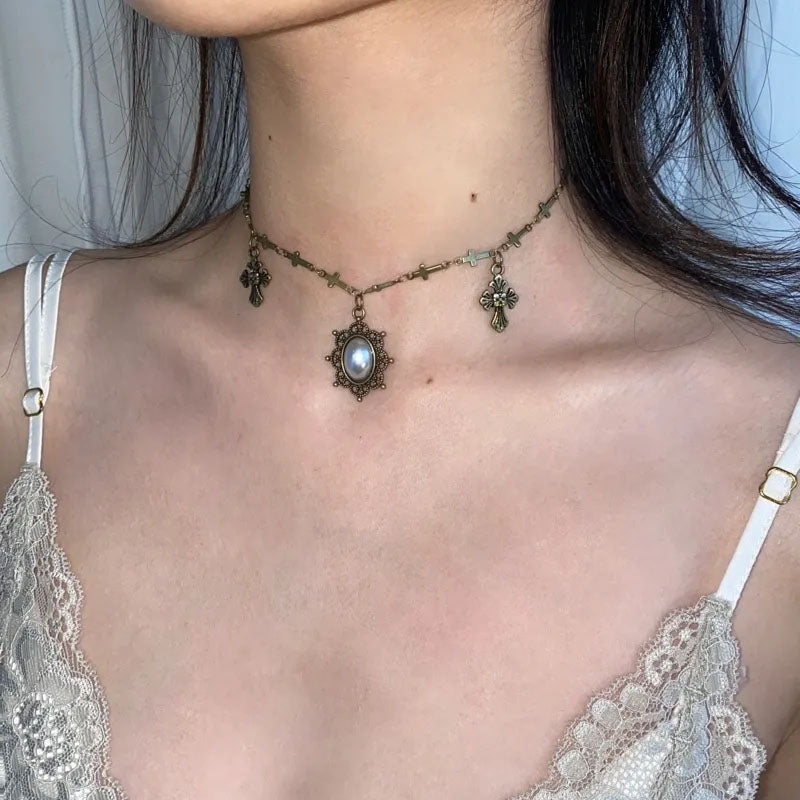 Vintage Cross Multi-Layered Necklace Chain,court style Pearl Necklaces,heavy industry necklaces,removable Jewelry for Women