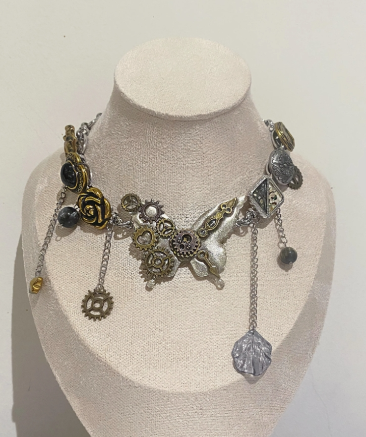 Cyber Punk Vintage Button Bead Choker,  Gear and Flower Titanium Steel Chunky Chain Necklace,Y2KAccessories, Perfect Unique Handmade Gift