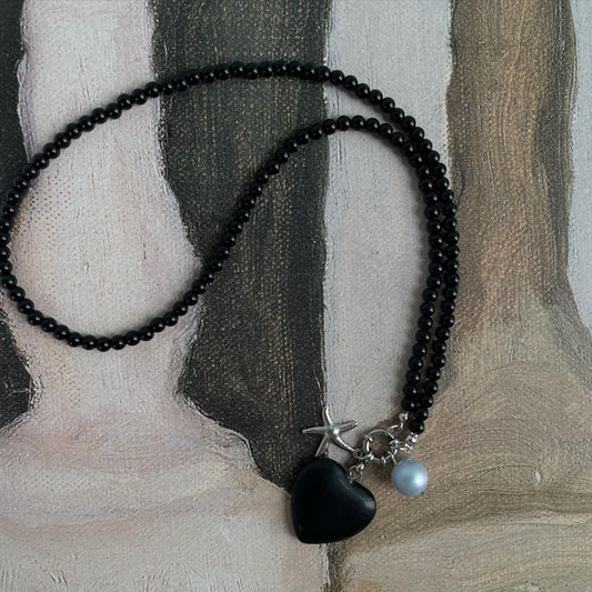 Black Agate Necklace Heart Shaped Pendant Necklace for Women