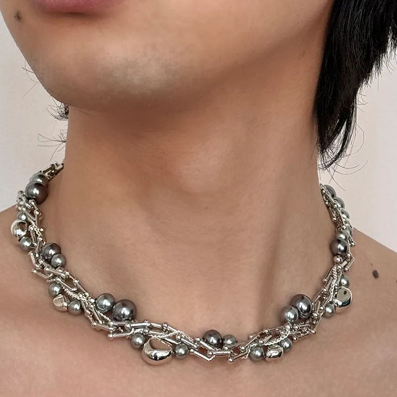 Punk Beaded Pearl Necklace - Grey Pearl Choker Necklaces for Women and Man Fashion Jewelry Birthday Gift