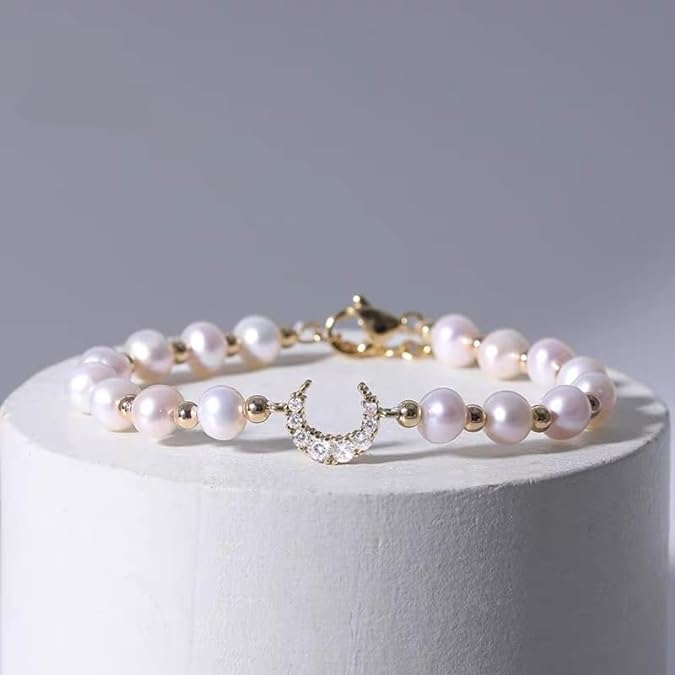 Asymmetrical Freshwater Pearl Bracelet with Micro-inlaid Zircon Moon, Vintage European and American Design, French-style Ornament for Women