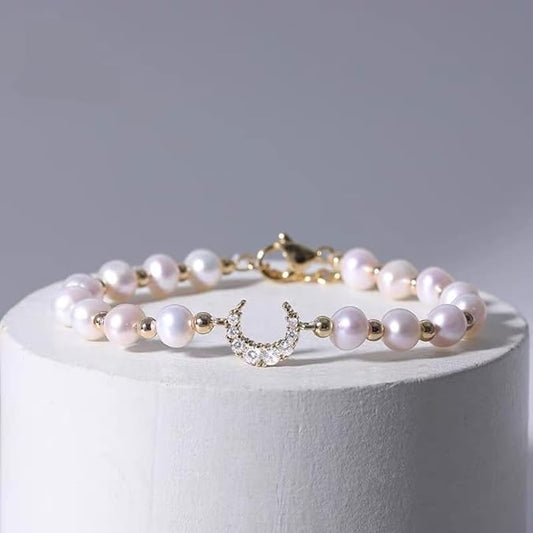 Asymmetrical Freshwater Pearl Bracelet with Micro-inlaid Zircon Moon, Vintage European and American Design, French-style Ornament for Women