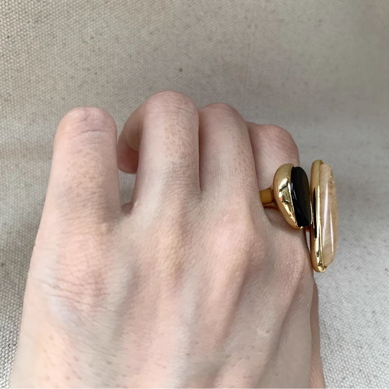 Personality Fashion Geometric Oval Ring Rectangular Golden Black Jewelry Natural Stone Ring Natural Stone Ring for Women