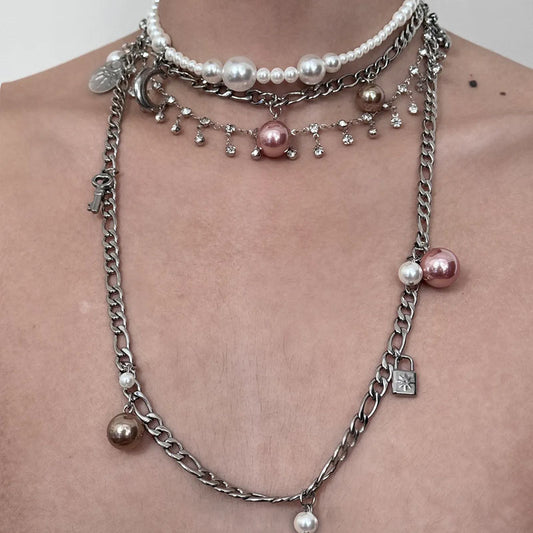 Gothic Layered Pearl Choker Retro Punk Stacked Necklace with Long Chain for Women Gift