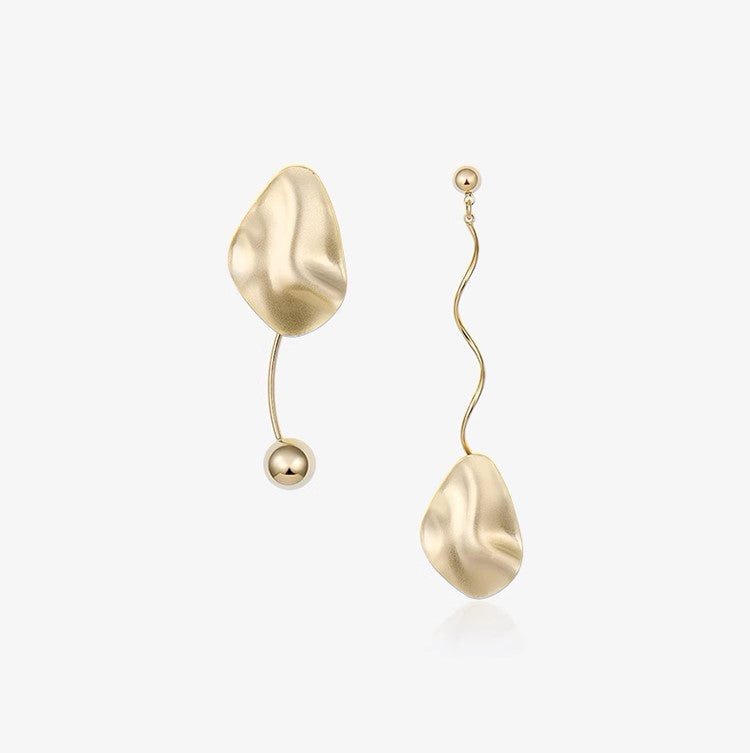 Golden Vintage Asymmetrical Matte Metal Stud Earrings for Women and Girls, Drop Style