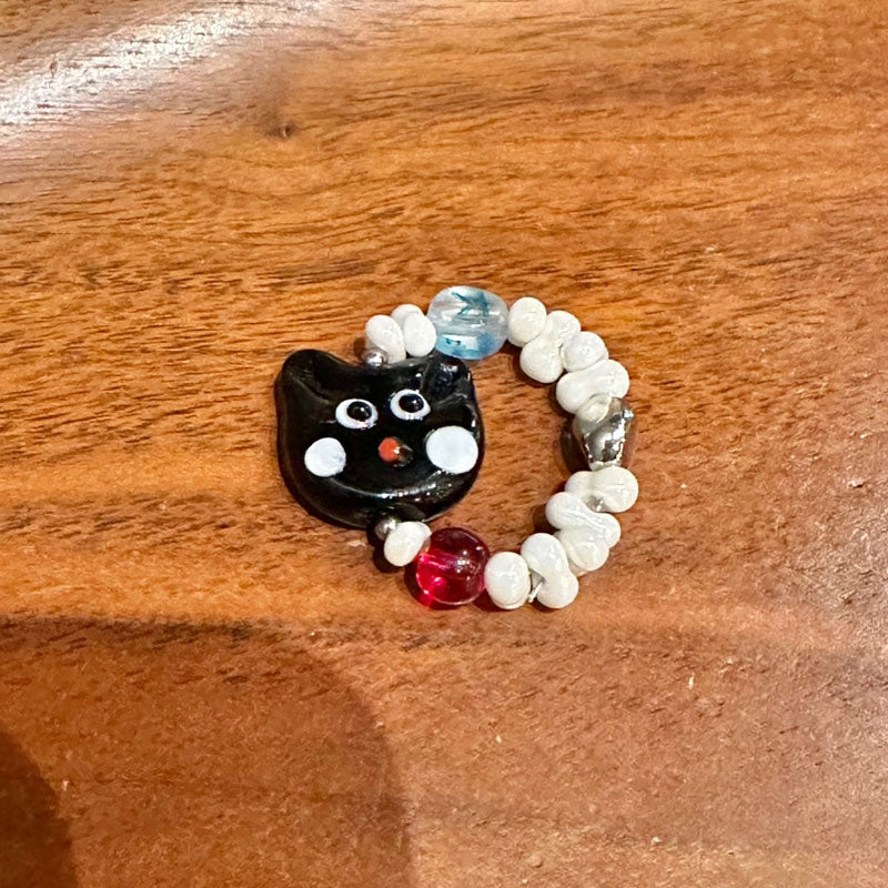 Cute Cat Beaded Ring Female Black Cat Head Index Finger Rings Fashion Jewelry