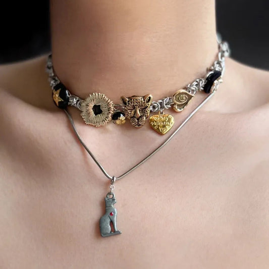 Layered leopard and cat metal vintage  necklaces, punk retro style, Y2K necklace,  creative and unique, perfect gifts for men & women