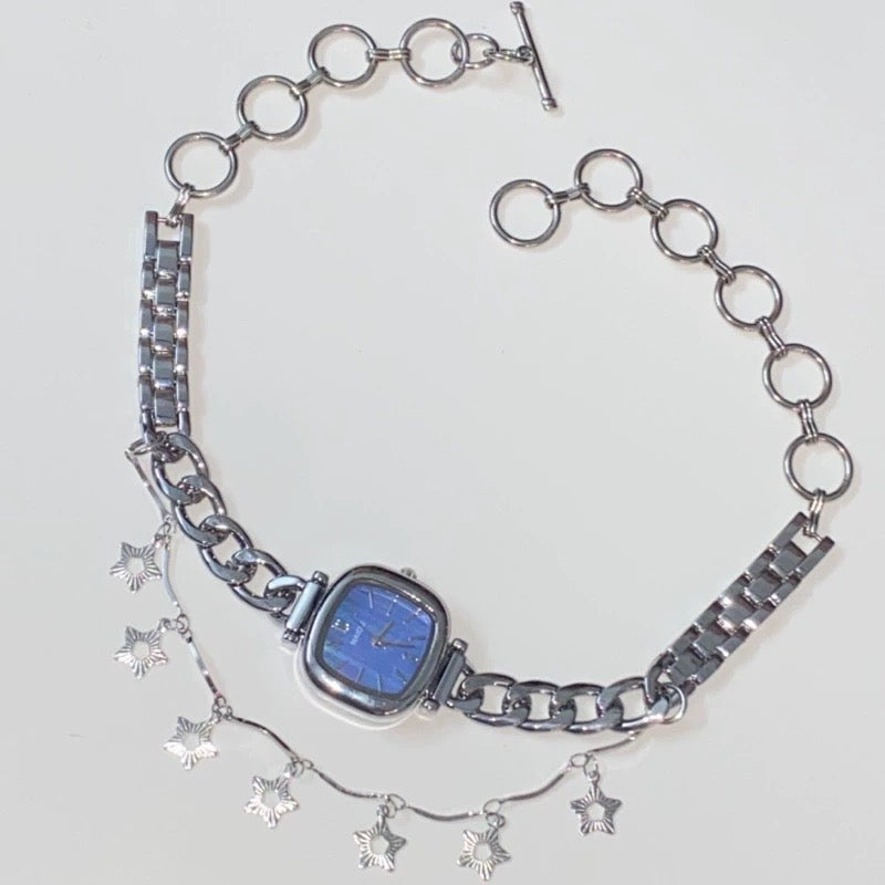 Cyberpunk Retro Blue Watch Choker Necklace, Silver Chunky Chain Necklace, Star Layered Necklace, Y2K Jewelry, Unique Trendy Unisex Gift.