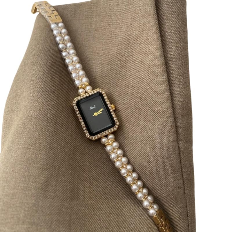 Pearl Strap Black Gold Watch: Square Dial for a Unique, Stylish Women's Timepiece with Sophisticated Appeal