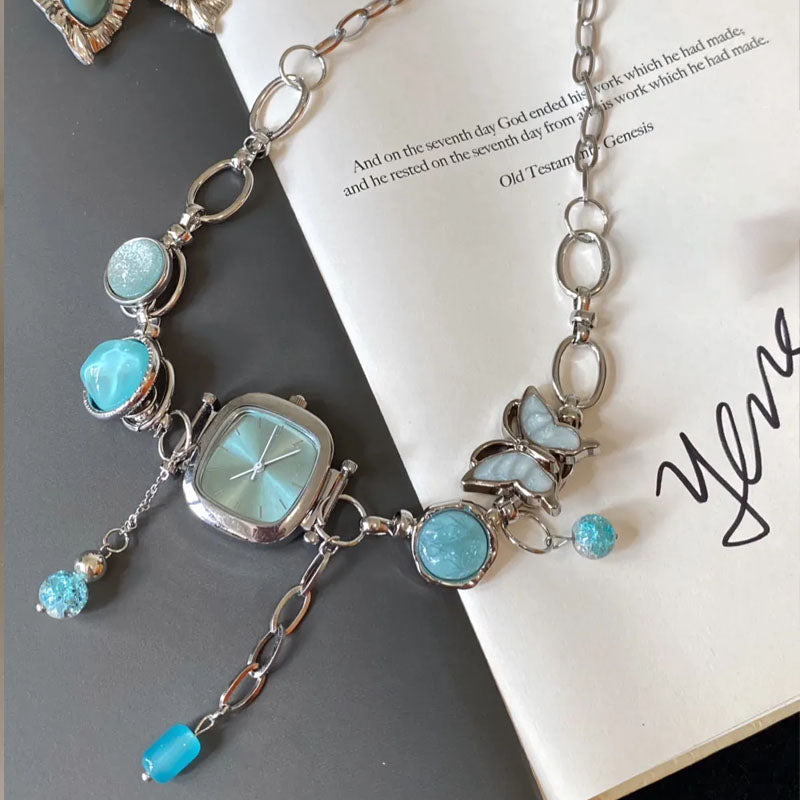 Cyber Punk Vintage Button Bead Blue Watch Choker, Butterfly Titanium Steel Chunky Chain Necklace,Y2KAccessories, Perfect Unique Handmade Gift