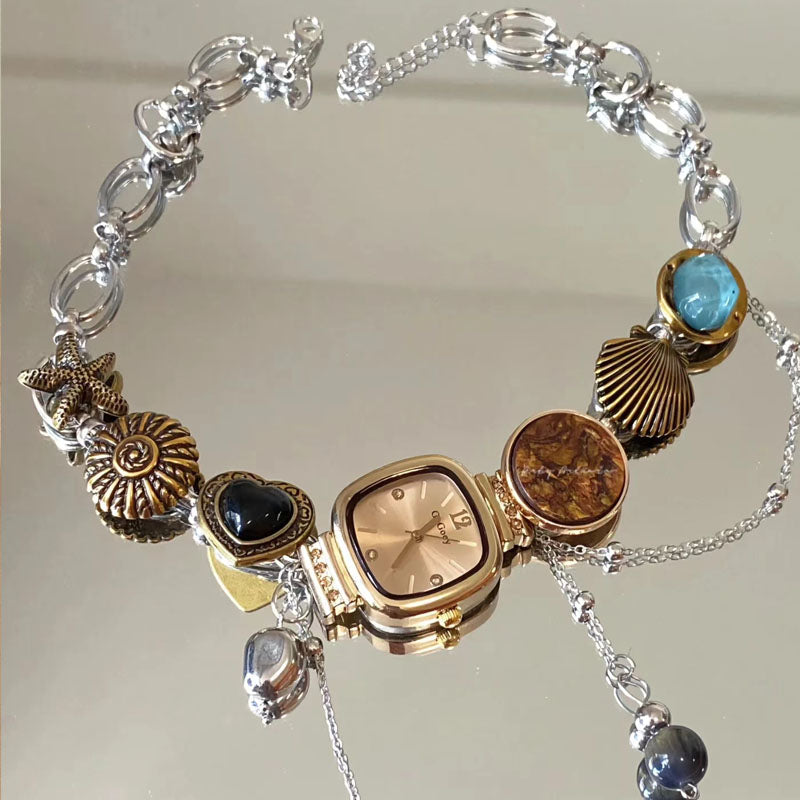 Vintage Necklace Y2K Punk Handmade Button Bead Watch Pendant Choker Titanium Steel Necklace, Unique Jewelry Gift for Women and Man