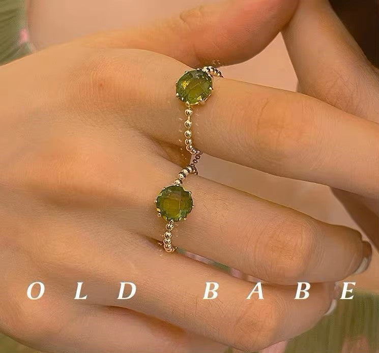 MoJone French Chic Gold-plated Adjustable Green Crystal Ring for Female