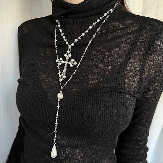Y2k Cross double layered long necklace with cat's eyes and agate accents,Trendy Zircon Black Beads Necklace,Long Pendant Jewelry Necklaces,Cross Sexy Collarbone Multilayer Necklaces for Women