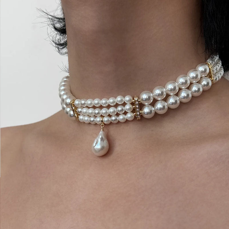 Vintage Double-layer Baroque Pearl Choker Necklace,Unisex Pearl Choker Necklaces , Bridal Choker, Costume Jewelry, Handmade Unique Jewelry Gift