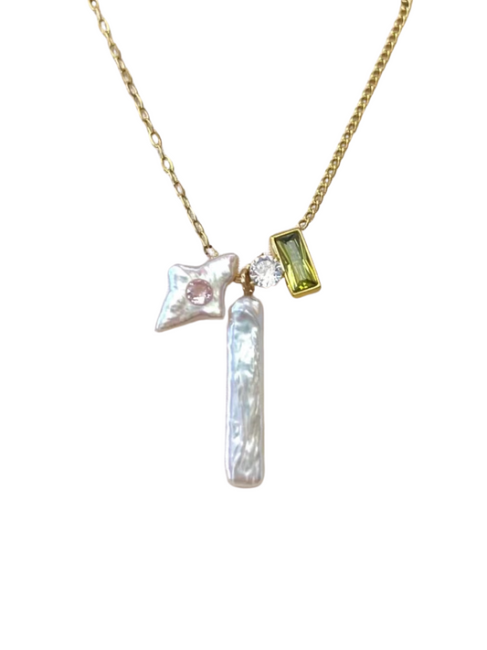 Elegant 18K Gold-Plated Titanium Steel Necklace with Luxurious Baroque Pearl and Gemstone Accents